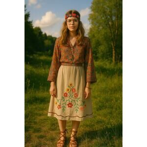 Loft Embroidered Midi Skirt Khaki Ramie Women's Size 8 Y2K Boho Hippie Festival